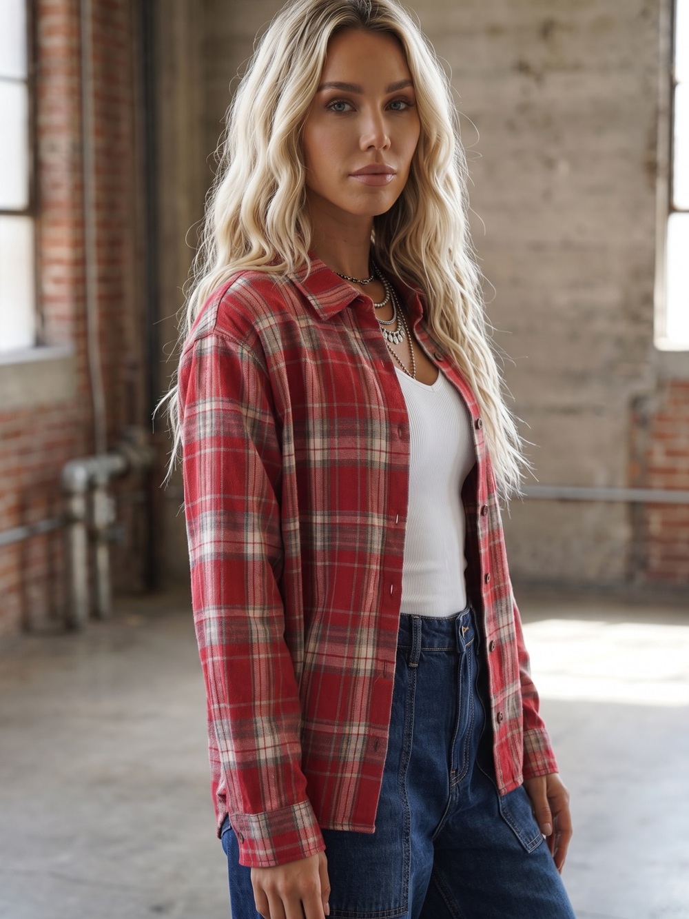 NWT Double Zero Plaid Button Down Flannel 90’s Grunge Top Shirt Red - Picture 4 of 7